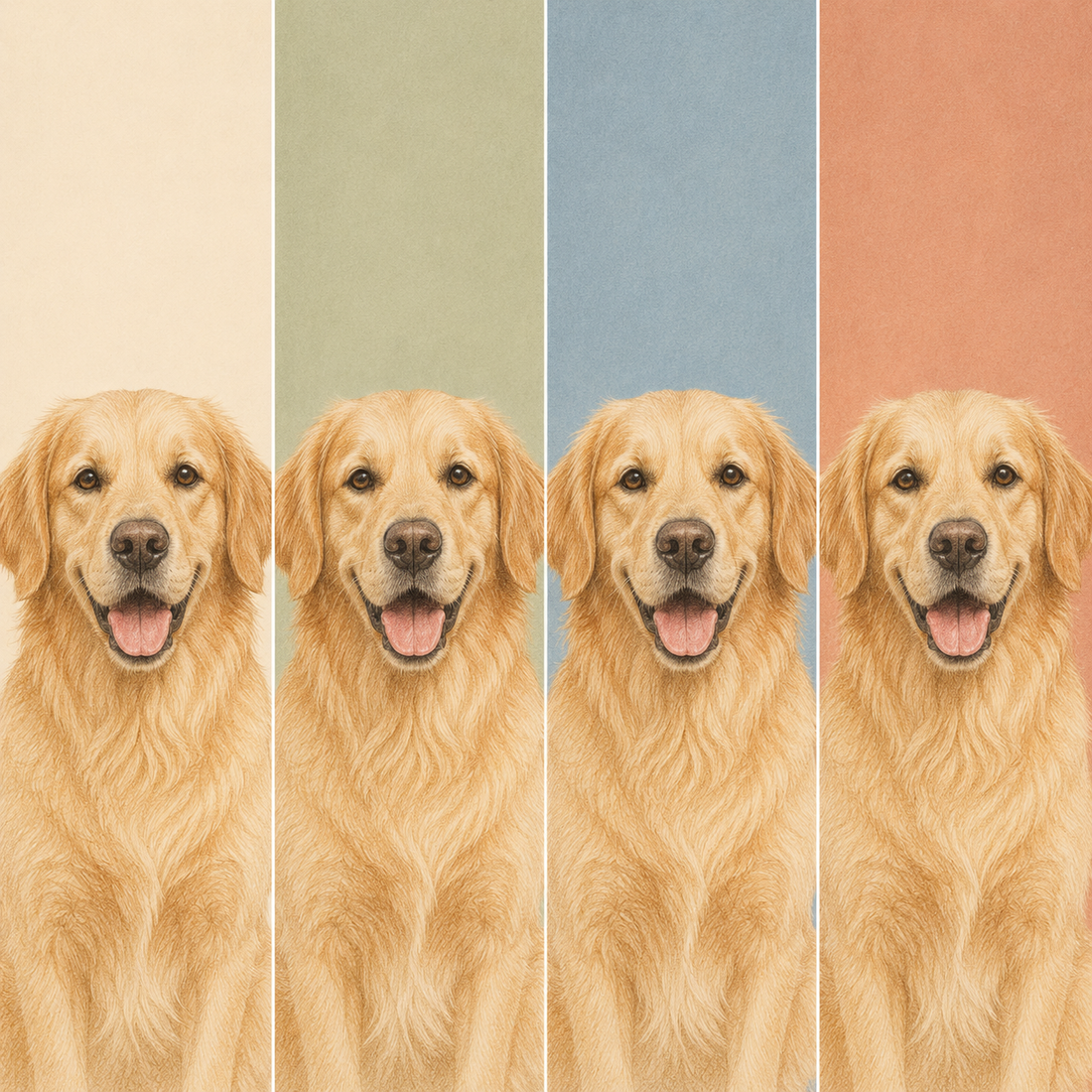Example of the same golden retriever portrait with four solid background colors