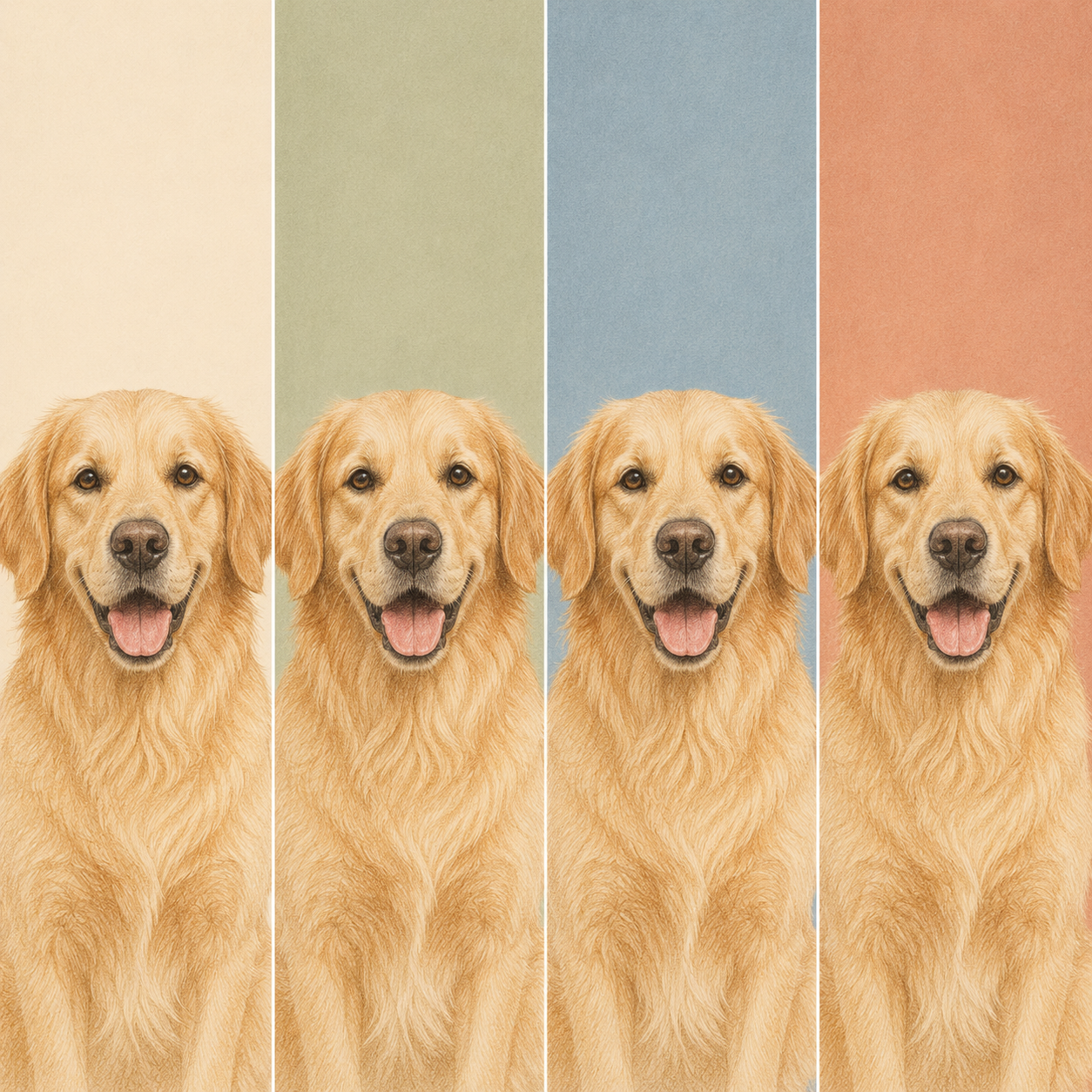 Example of the same golden retriever portrait with four solid background colors