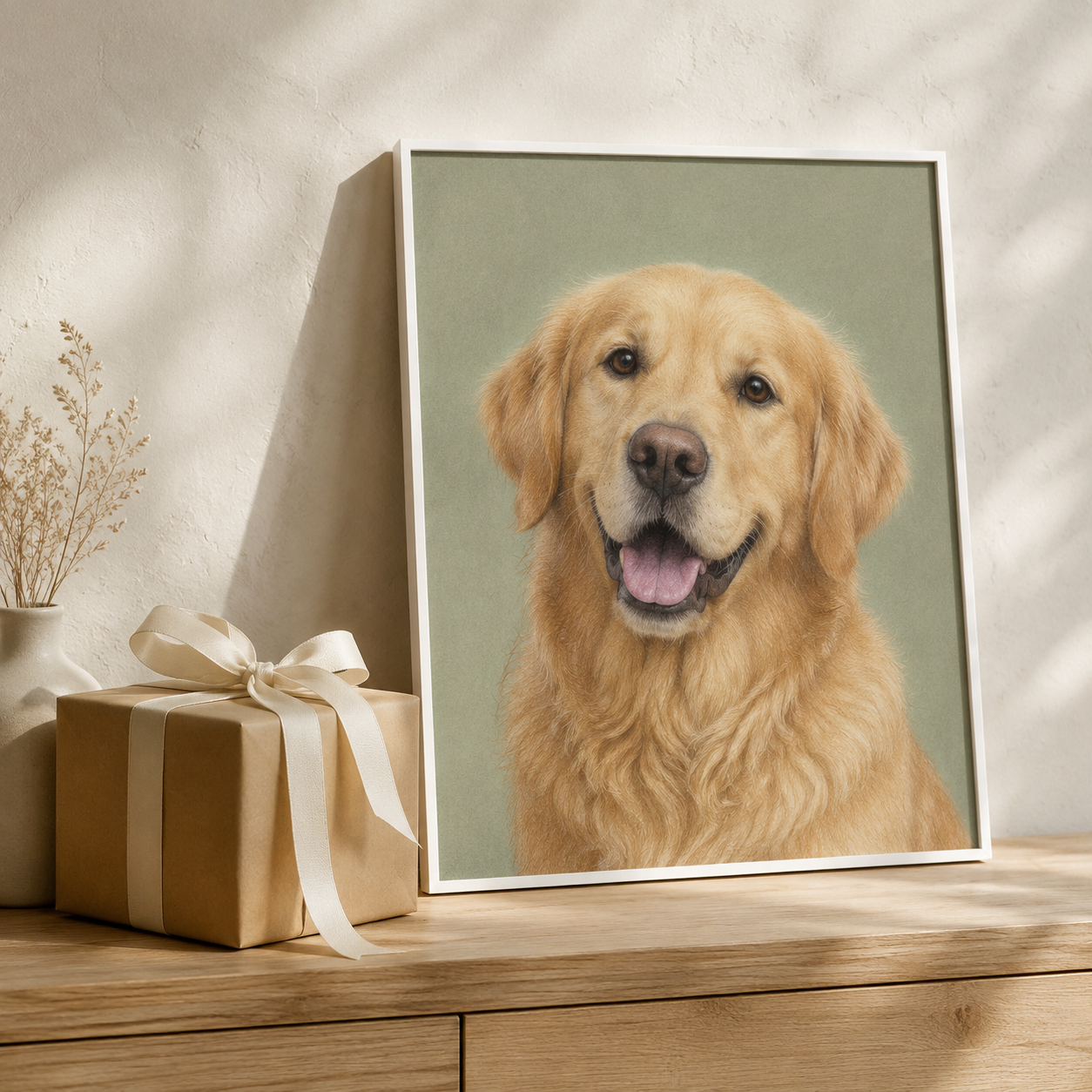 Illustrative example of a framed golden retriever portrait presented beside a wrapped gift