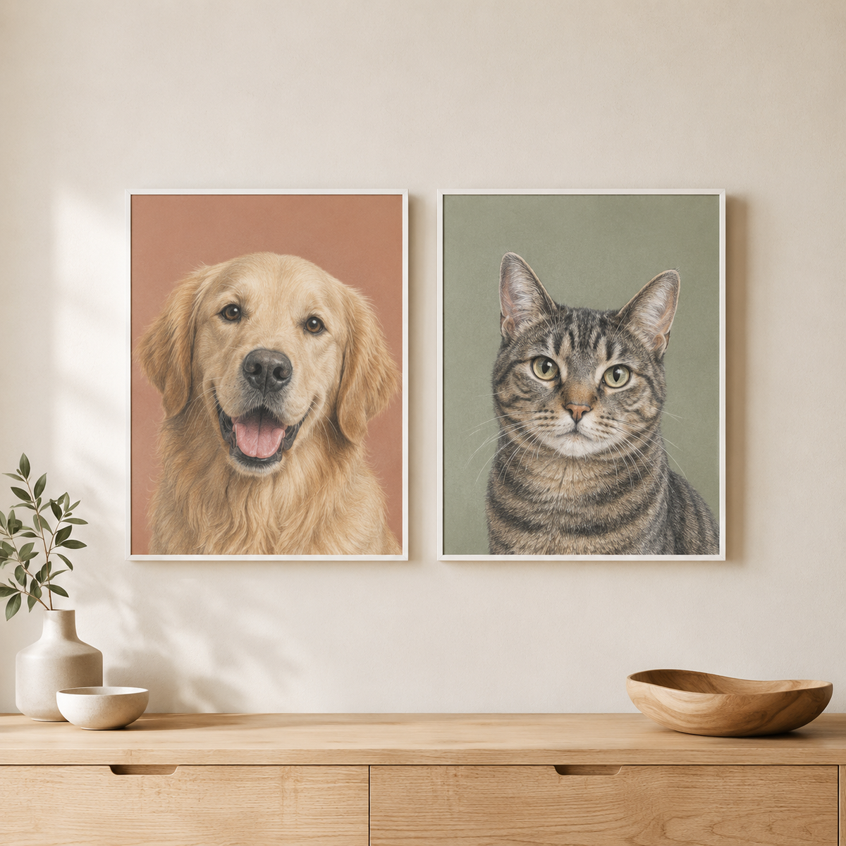 Illustrative example of separate dog and cat portraits displayed side by side in matching white frames