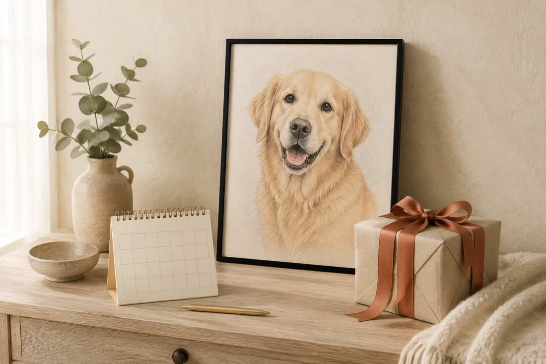 Illustrative example of a framed Colored Pencil dog portrait beside a calendar and wrapped gift