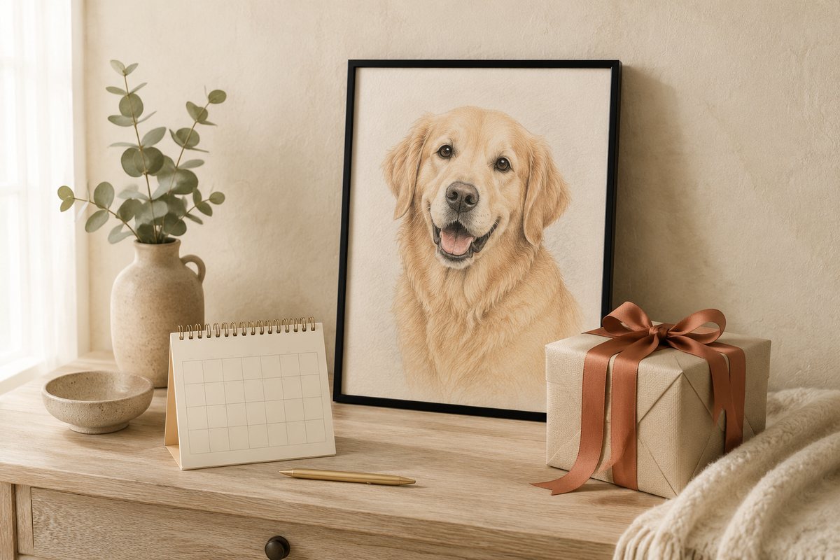 Illustrative example of a framed Colored Pencil dog portrait beside a calendar and wrapped gift
