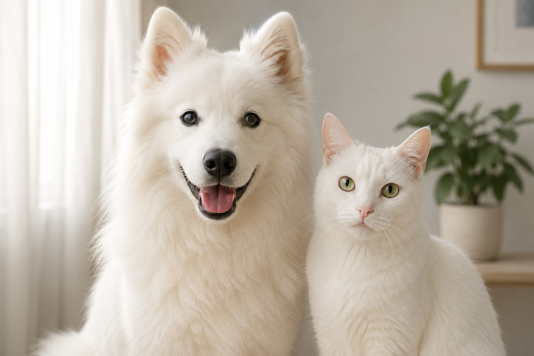 Illustrative example of a white dog and white cat photographed in soft window light for a pet portrait reference