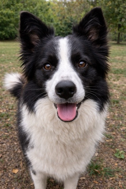 Black and white Border Collie with perked ears, sitting outdoors, original before photo used for a custom pet portrait