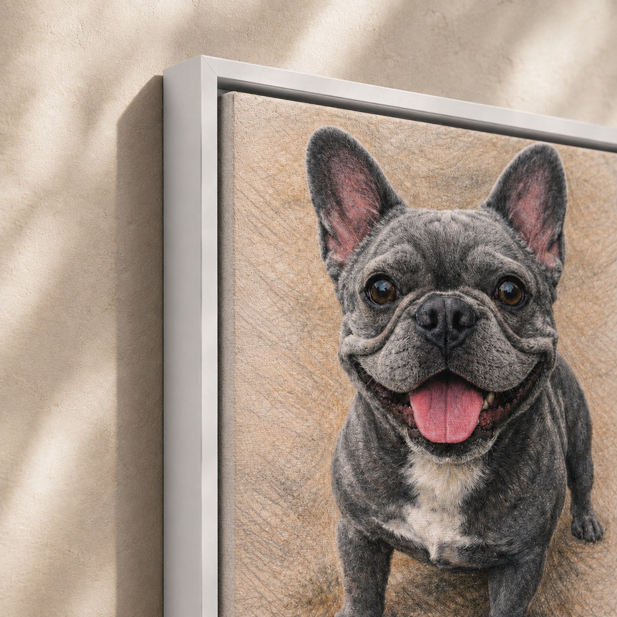 Close-up of a custom colored pencil pet portrait on framed canvas (French Bulldog example)
