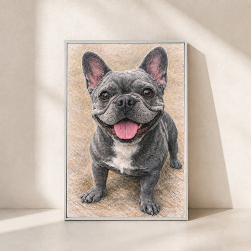 Custom colored pencil pet portrait on framed canvas, white frame (French Bulldog example)