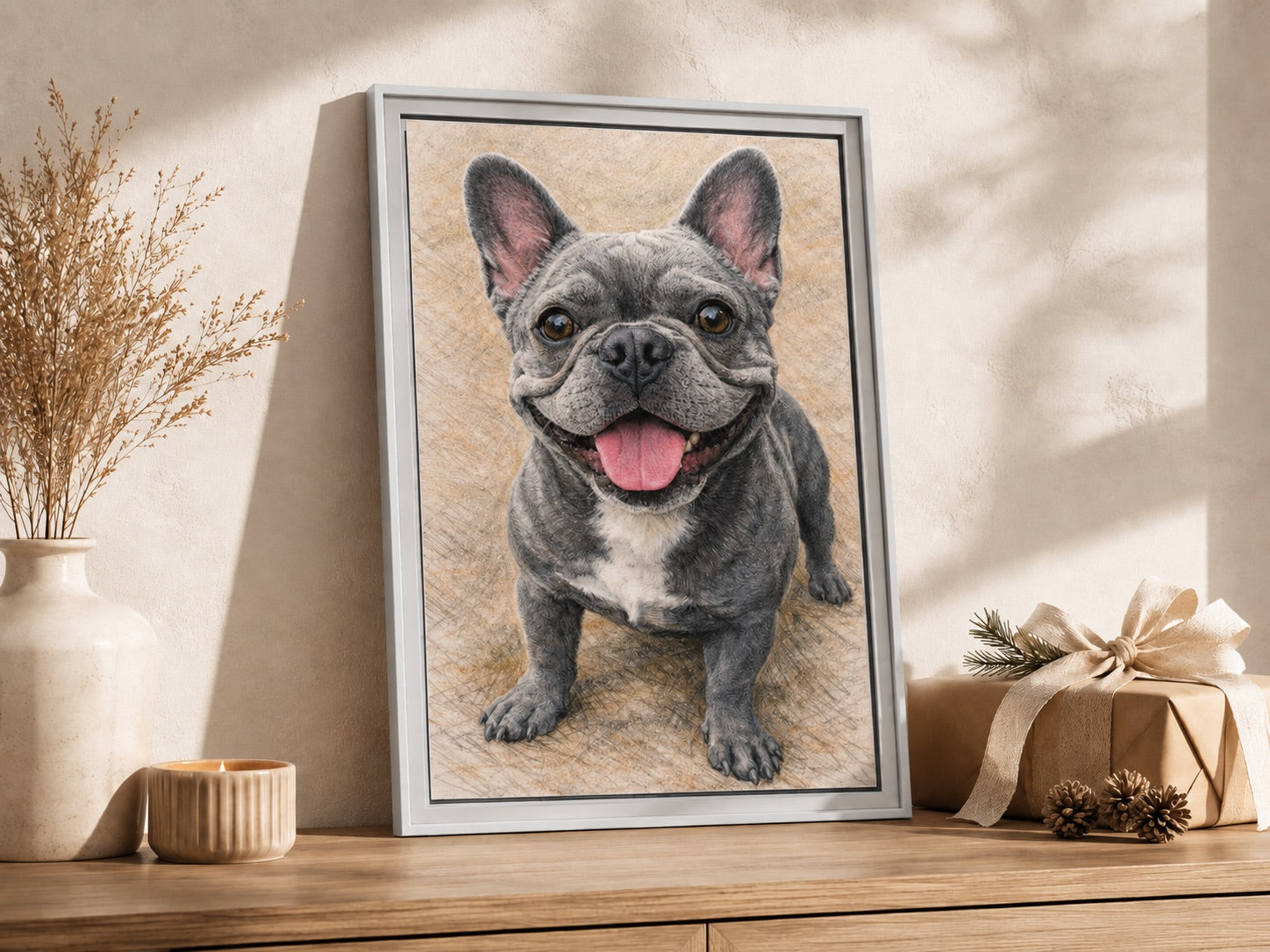 Custom colored pencil pet portrait framed canvas styled as a gift (French Bulldog example)