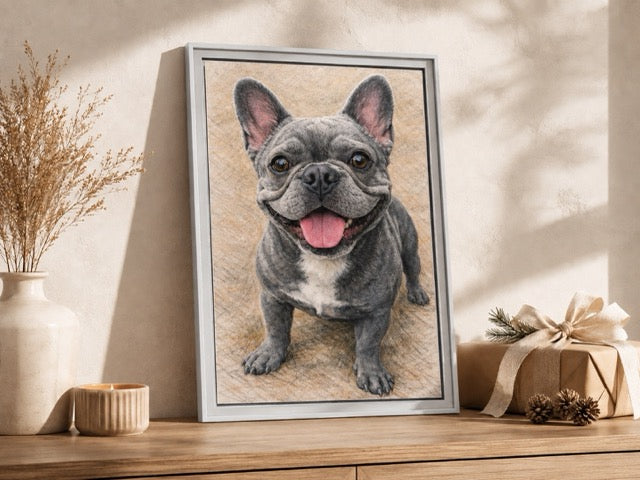 Personalized French Bulldog white-frame canvas pet portrait styled as a gift