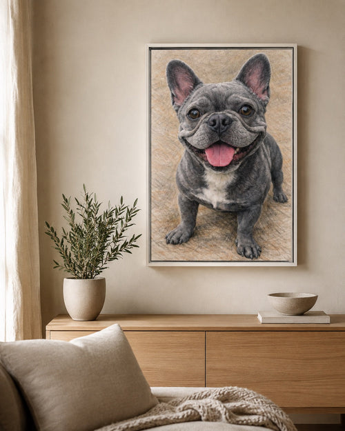 Custom colored pencil pet portrait framed canvas as living room wall art (French Bulldog example)