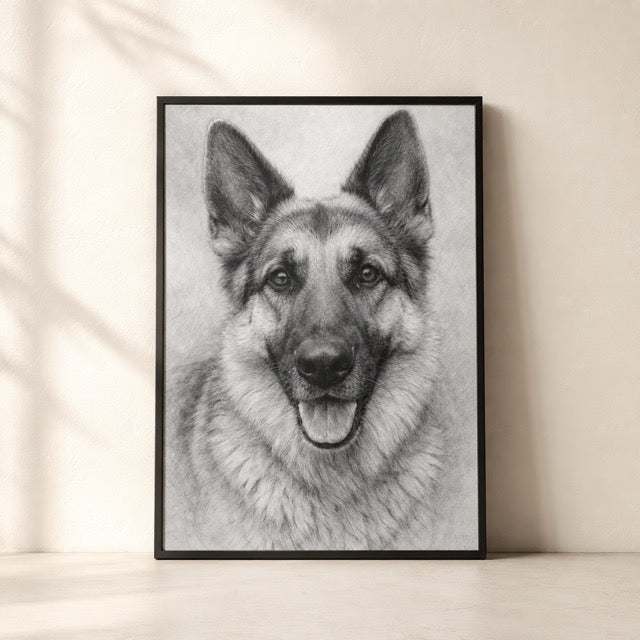 Personalized German Shepherd graphite pencil pet portrait in a black frame canvas
