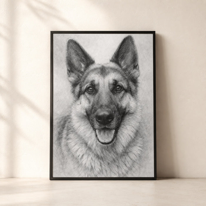 Custom graphite pencil pet portrait on framed canvas, black frame (German Shepherd example)