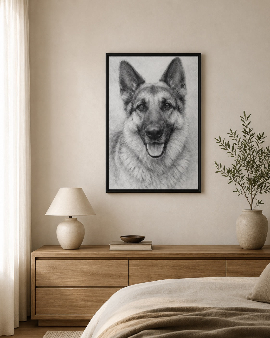 Custom graphite pencil pet portrait framed canvas as bedroom wall art (German Shepherd example)