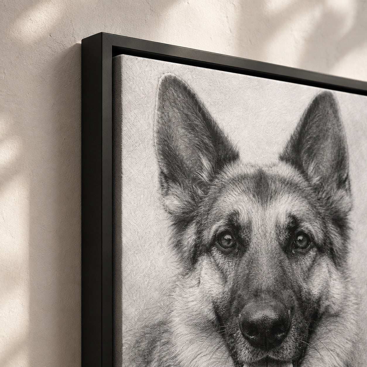 Close-up of a custom graphite pencil pet portrait on framed canvas (German Shepherd example)