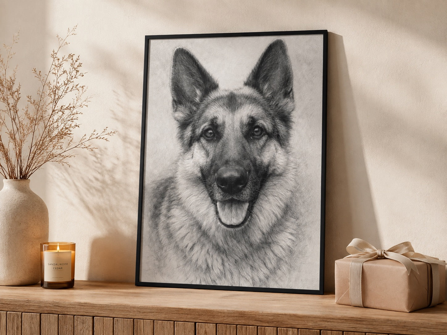 Custom graphite pencil pet portrait framed canvas styled as a gift (German Shepherd example)
