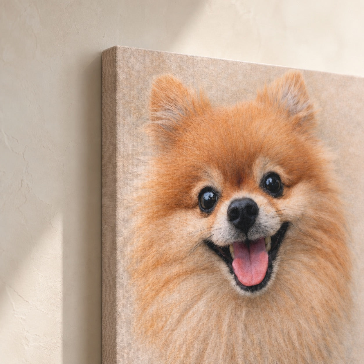 Close-up of a custom colored pencil pet portrait on gallery-wrapped canvas (Pomeranian example)