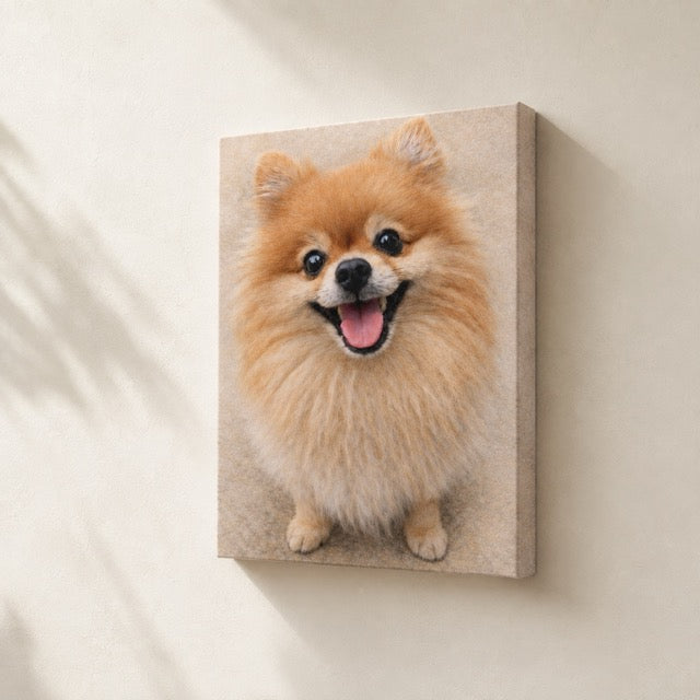 Personalized Pomeranian gallery-wrapped canvas pet portrait displayed as wall art
