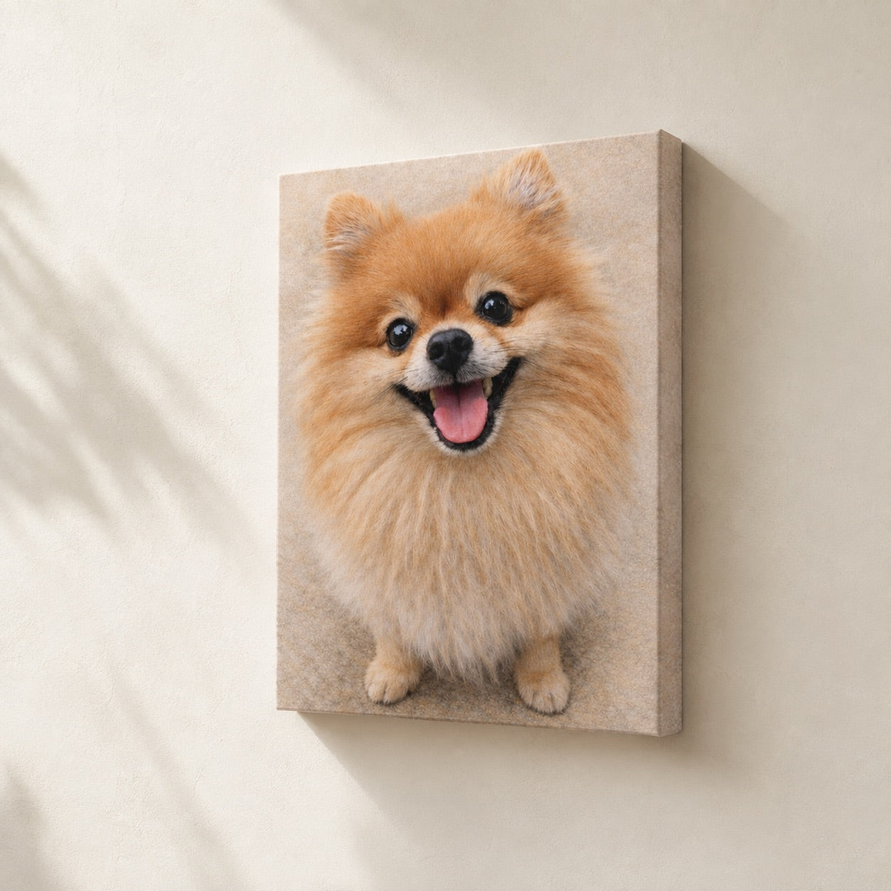 Custom colored pencil pet portrait on gallery-wrapped canvas as wall art (Pomeranian example)