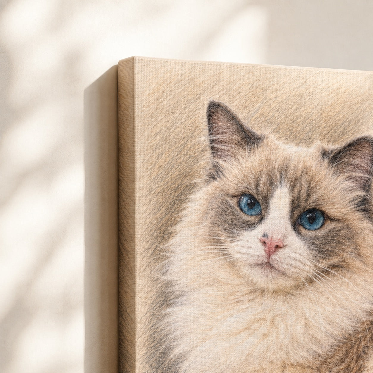 Close-up of a custom colored pencil pet portrait on gallery-wrapped canvas (Ragdoll cat example)