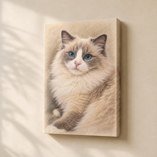 Custom colored pencil pet portrait on gallery-wrapped canvas as wall art (Ragdoll cat example)