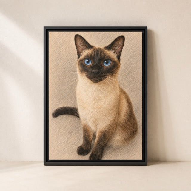 Personalized Siamese cat pet portrait in a black frame canvas, colored-pencil style