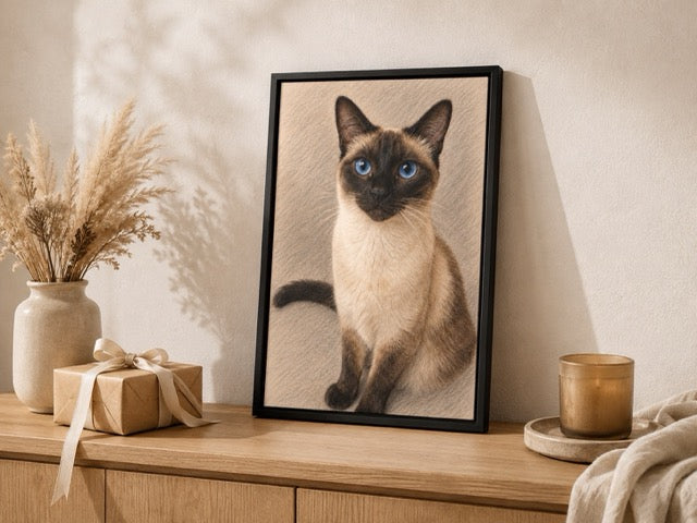Personalized Siamese cat framed canvas pet portrait styled as a gift