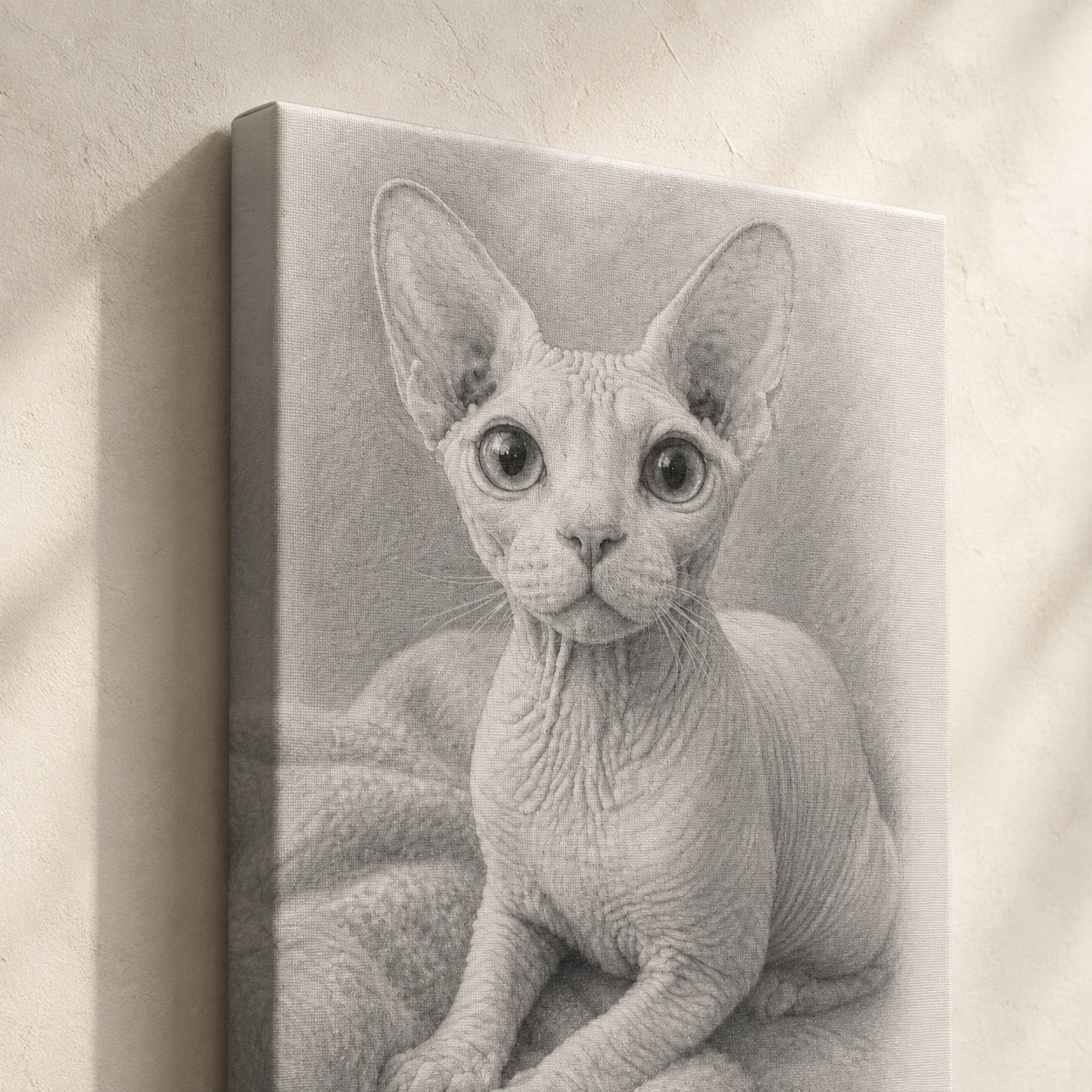 Close-up of a custom graphite pencil pet portrait on gallery-wrapped canvas (Sphynx cat example)