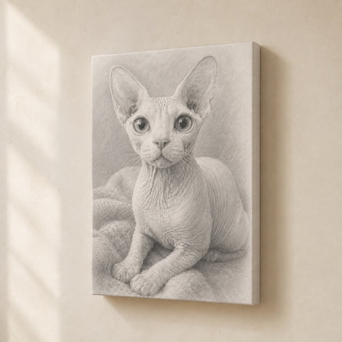 Custom graphite pencil pet portrait on gallery-wrapped canvas as wall art (Sphynx cat example)