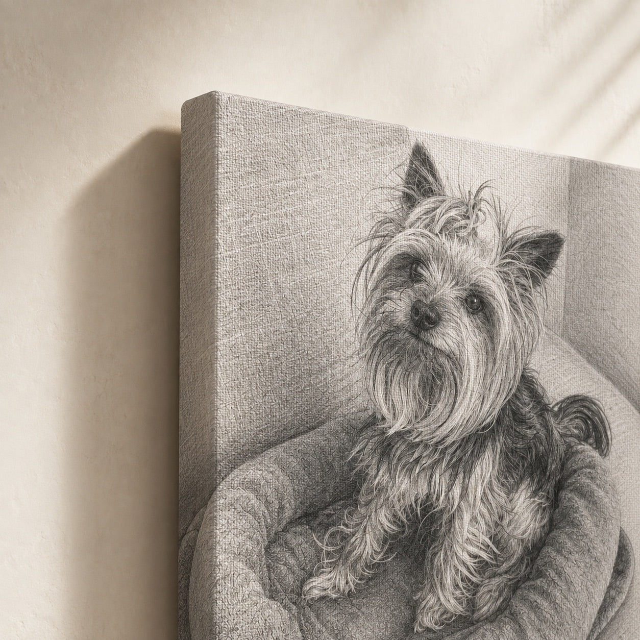 Close-up of a custom graphite pencil pet portrait on gallery-wrapped canvas (Yorkshire Terrier example)