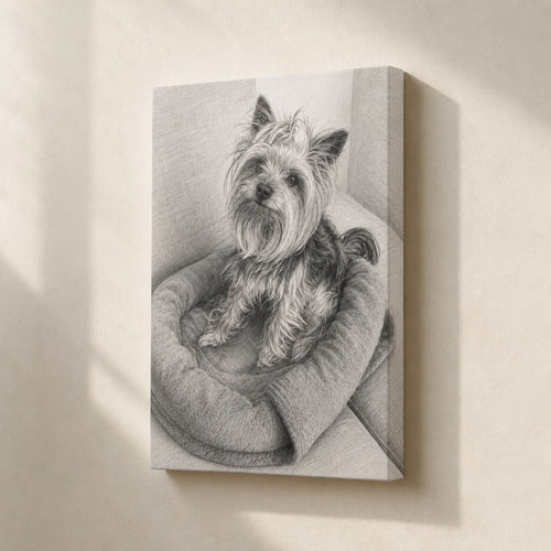 Custom graphite pencil pet portrait on gallery-wrapped canvas as wall art (Yorkshire Terrier example)
