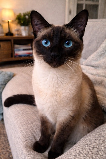 Seal-point Siamese cat with blue eyes sitting on a sofa, original before photo for a custom cat portrait