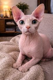 Hairless pink Sphynx cat with green eyes on a cozy blanket, original before photo for a custom cat portrait